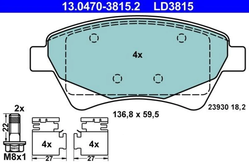 Image of ATE 13.0470-3815.2 Brake pad set excl. wear warning contact, with accessories, with brake caliper screws Brake Pad Set,disc brake (402)
