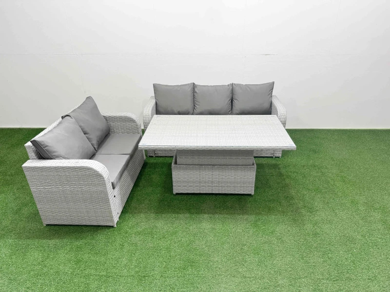 Image of Fimous 5 Seater PE Rattan Wicker Garden Furniture Patio Conservatory Sofa Set with Adjustable Lifting Dining or Coffee Table 3 Seater Sofa Love Sofa L