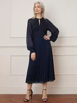 Image of Wallis Lace Insert Pleated Midaxi Dress - Navy, Blue, Size 10, Women
