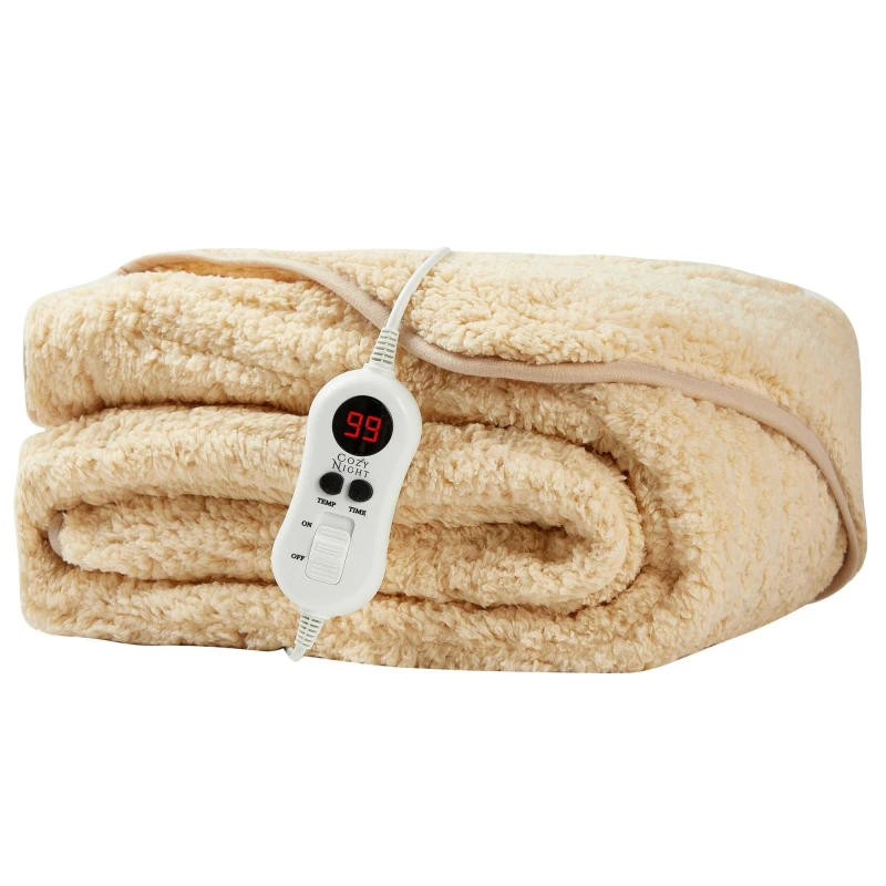 Image of Cozy Night Electric Heated Grey Sand Sherpa Fleece Throw Blanket 160 x 120cm Light Sand