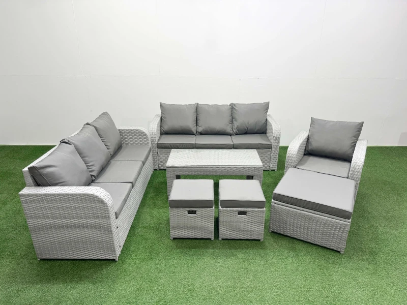 Image of Fimous 10 Seater Poly Rattan Outdoor Garden Furniture Oblong Coffee Table Sofa Set Patio 3 Seater Sofa Reclining Chair 3 Seater Sofa 3 Stools Light Gr