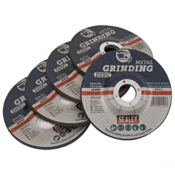 Image of Sealey PTC/115G5 Grinding Disc Ø115 x 6mm Ø22mm Bore - Pack of 5