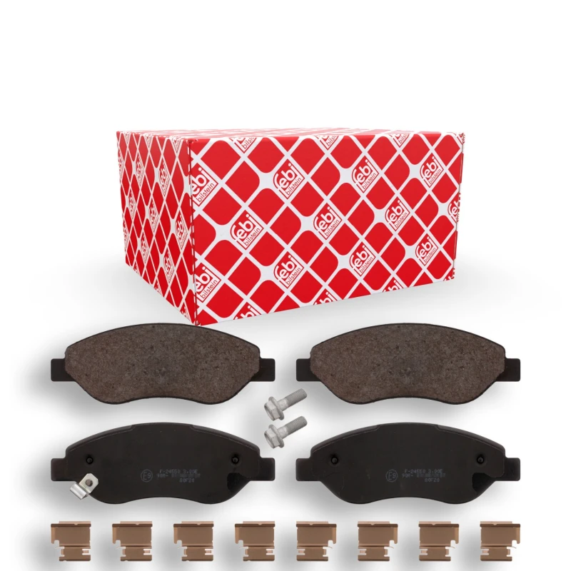 Image of FEBI BILSTEIN 16698 Brake pad set Front Axle, with acoustic wear warning, with fastening material Brake Pad Set,disc brake (402)