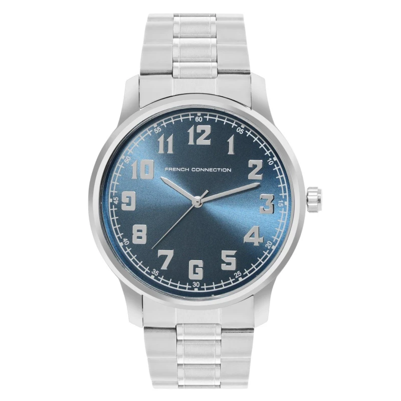 Image of French Connection Silver Case Round Shape Silver Strap Quartz Watch Teal Blue male One Size