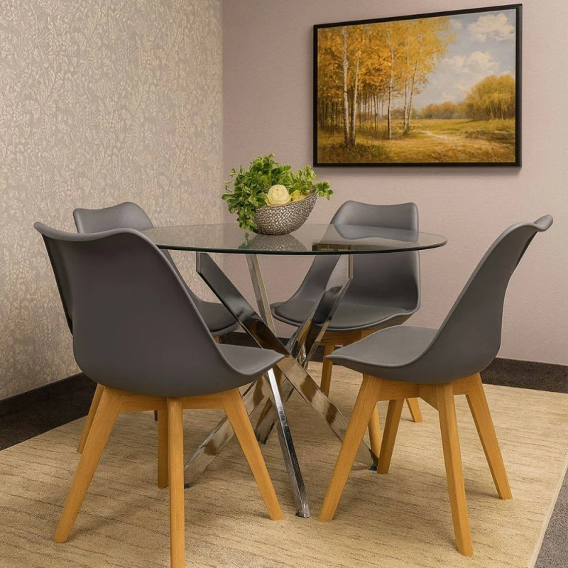 Image of Kosy Koala Round Glass Dining Table With Grey Velvet Chairs, Multi MAYARND+4GYTUL