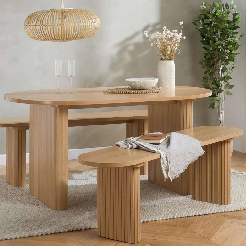 Image of Birlea Axel Oval Fluted Dining Table With 2 Benches, Brown AXEDINOAK2BEN