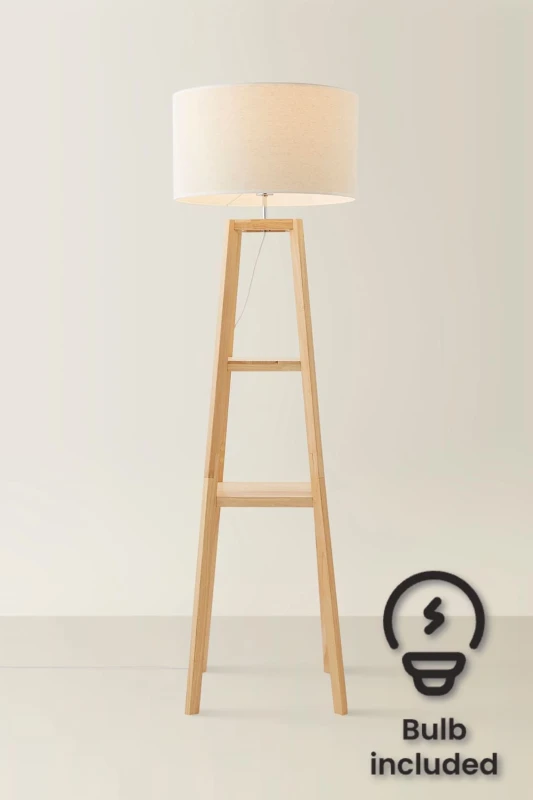 Image of ValueLights Wakefield Two Shelf Wooden Floor Lamp with Linen White Trim Drum Shade and Bulb Natural
