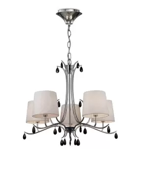 image of Andrea Ceiling Pendant 81.5cm Round, 5 x E14 (Max 20W), Polished Chrome, White Shades, Black Crystal Droplets