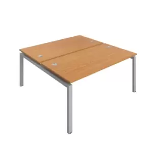 image of Telescopic 8 Person Bench Desk with Cable Port and Silver Frame - 1600mm - Nova Oak