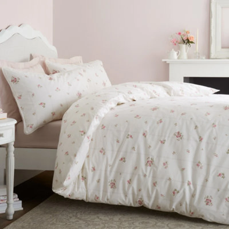 Image of Bianca Vintage Rosebud Lace 200 Thread Count Cotton Reversible Double Duvet Cover Set With Pillowcases Cream