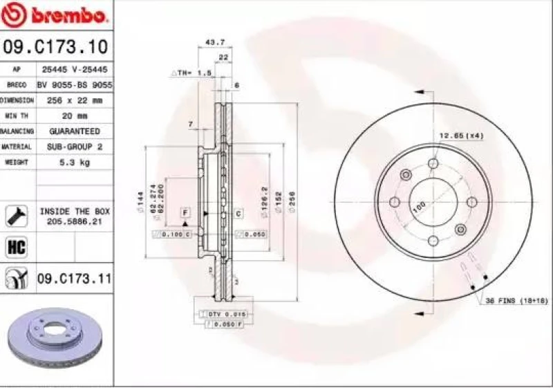 Image of BREMBO 09.C173.11 Brake disc internally vented, Coated, High-carbon, with bolts/screws Brake Disc (82)