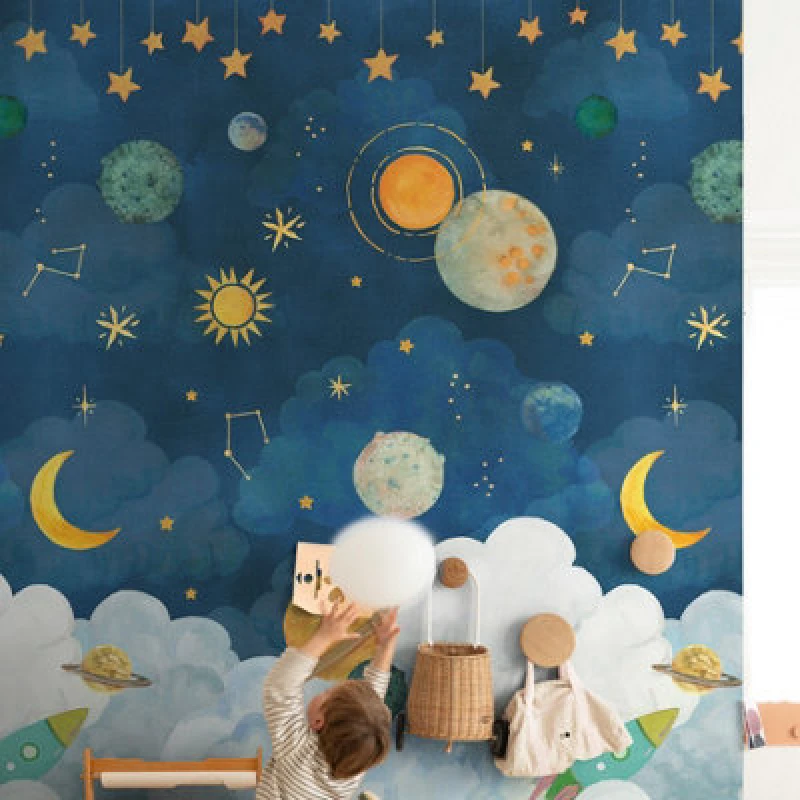 Image of Grandeco Dudley Space Rocket 3 Lane Repeatable Wallpaper Kids Nursery Mural, 1.59 X 2.8M,