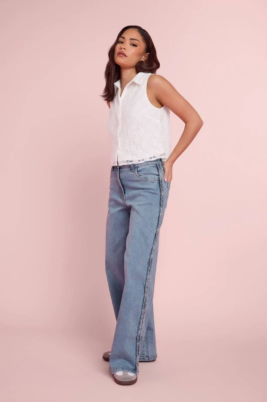 Image of PixieGirl Womens Petite Plait Detail Wide Leg Jeans in Mid Blue Size: 6S Mid Blue Female 6S