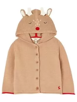 Image of Joules Unisex Baby Alby Reindeer Knitted Hooded Cardigan - Brown, Size Age: 18-24 Months