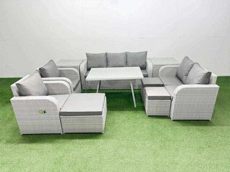 Image of Fimous Rectangular Table Sofa Set with Reclining Chair 3 Stool 2 Side Tables in Light Grey Light Grey Unisex