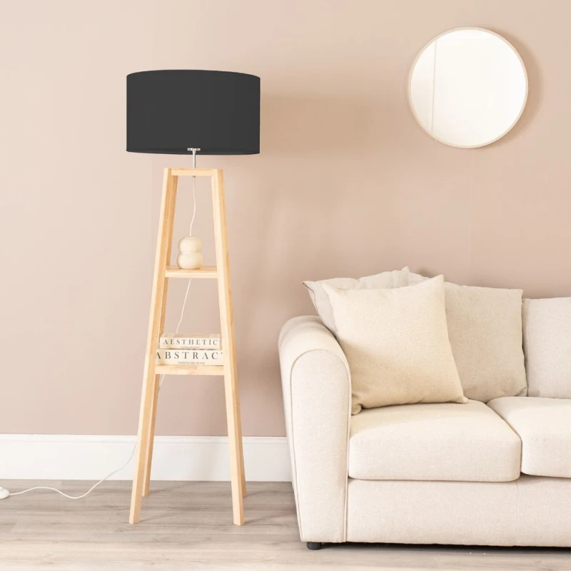 Image of ValueLights Wakefield Quad Base Two Shelf Wooden Floor Lamp with Fabric Shade Black