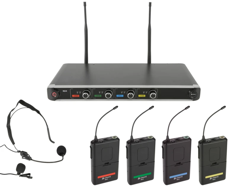 Image of Chord Chord NU4 Quad UHF Wireless Microphone System 4 x Neckband/Tie Clip Mics AVS-193150