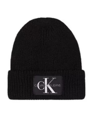 Image of Calvin Klein Jeans Ck Jeans Monogram Kniitted Beanie Hat, Black, Men