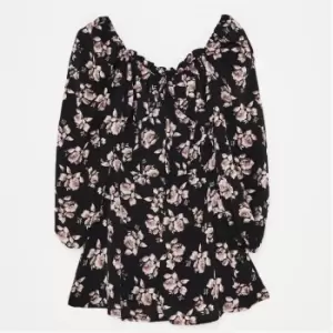 image of Missguided Petite Floral Print Balloon Sleeve Mini Dress - Black