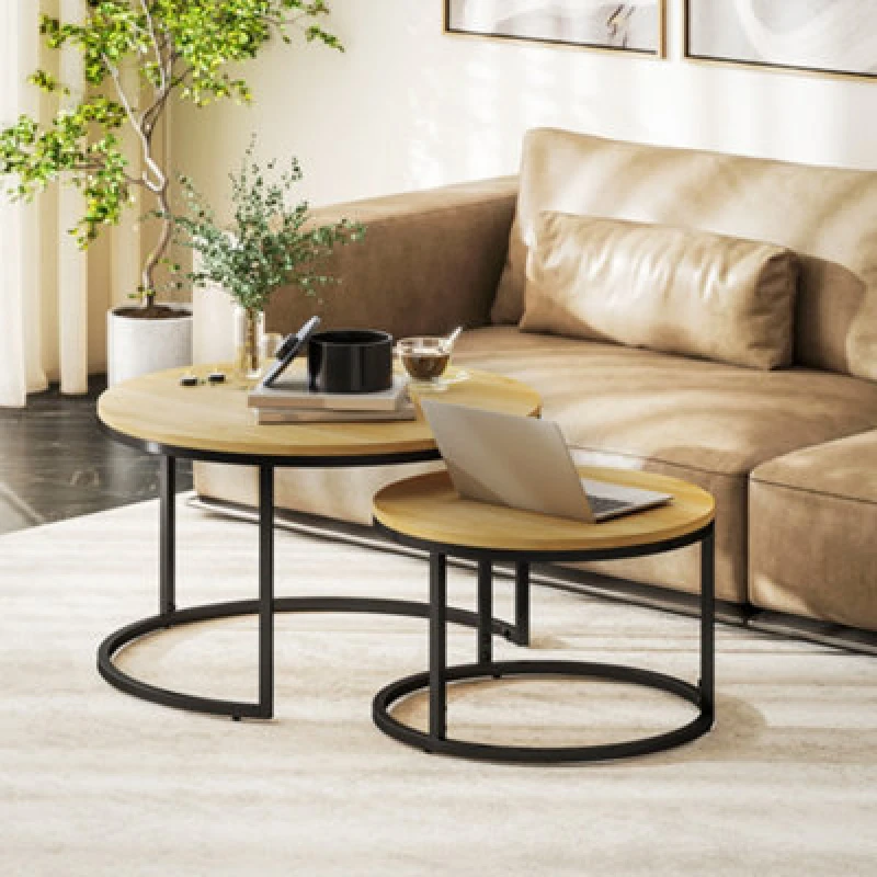 Image of HOMCOM 2 Pcs Stacking Coffee Table Set with Steel Frame, Natural, Yellow 833-873V80ND