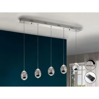 Image of Schuller Roc - Integrated LED 5 Light Dimmable Crystal Drop Bar Ceiling Pendant with Remote Control Chrome