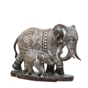 Image of Patterned Ebony Finish Elephant Mother & Baby Ornament
