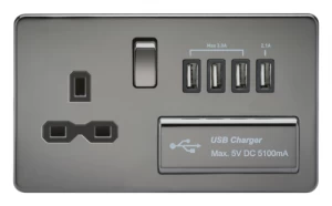 Image of KnightsBridge 2G 13A Screwless Black Nickel 1G Switched Socket with Quad 5V USB Charger Ports - Black Insert