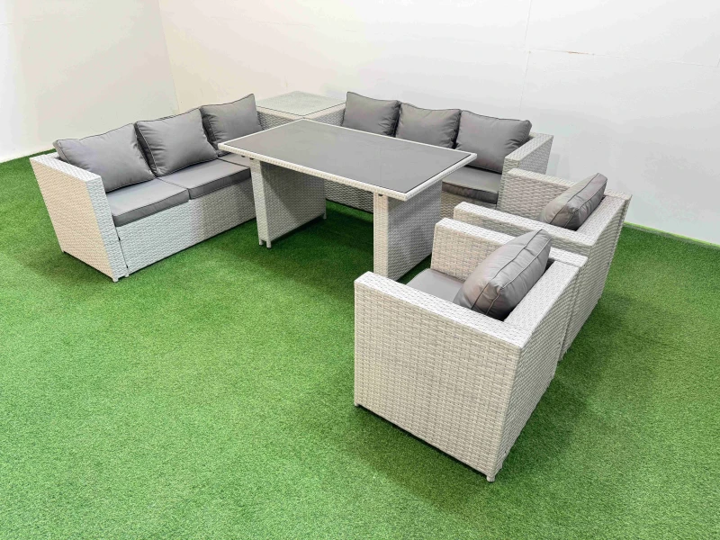 Image of Fimous 8 Seater Outdoor Dining Table 3 Seater Sofa Set with Side Table in Light Grey Light Grey Unisex