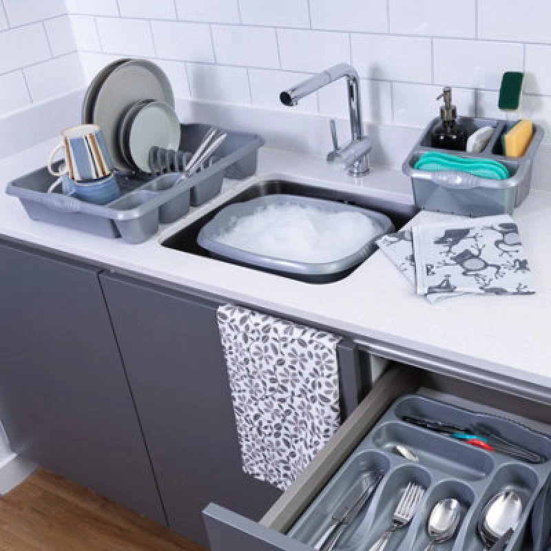 Image of Wham 4 Piece Casa Plastic Kitchen Set Silver (38Cm Rectangular Bowl, Large Cutlery Tray, Large Dish Drainer & Sink Tidy)