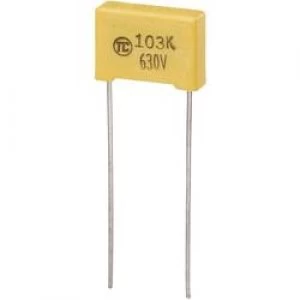 Image of MKS thin film capacitor Radial lead 0.01 uF 630 Vdc 5 10 mm L x W x H 13 x 4 x 9mm