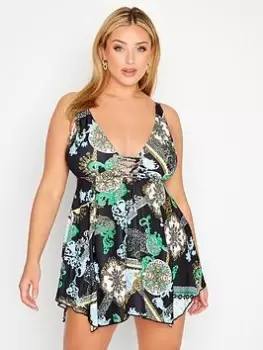 Image of Yours Scarf Print Eyelet Swimdress, Black, Size 16, Women