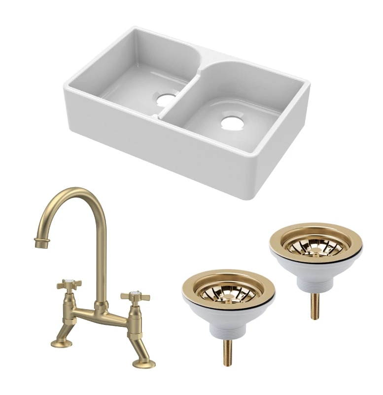 Image of Balterley Fireclay 2 Bowl Stepped Weir Butler Sink Wastes Tap 795mm White unisex
