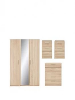 image of Waterford Part Assembled 4 Piece Package - 3 Door Mirrored Wardrobe, Chest Of 5 Drawers And 2 Bedside Chests