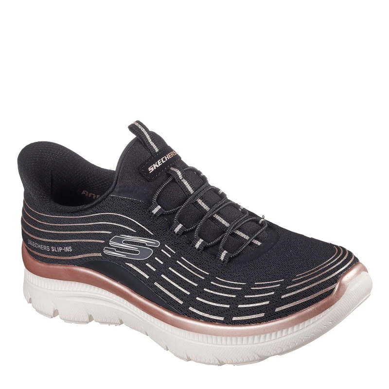 Image of Skechers Womens Mesh Bungee Glitter Print Slip On Trainers Black/Rose female 4 (37)