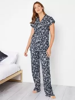 Image of Long Tall Sally Stencil Floral Collar Ss Pj Set, Blue, Size 22-24, Women