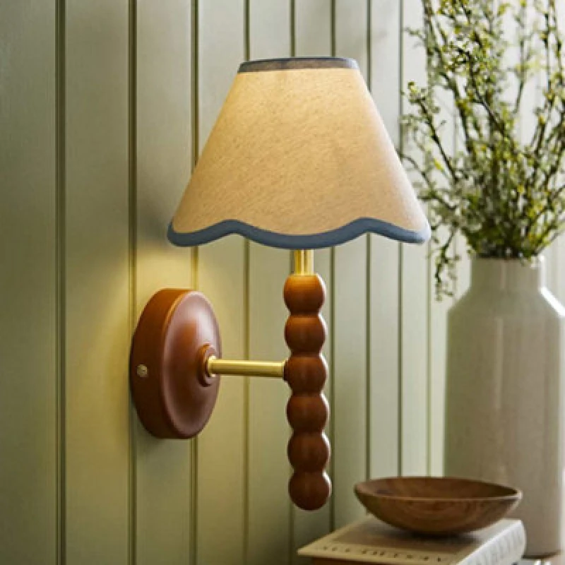 Image of Valuelights Bobbin Walnut Bobble Wall Light And Blue Trim Linen Lamp Shade And Bulb