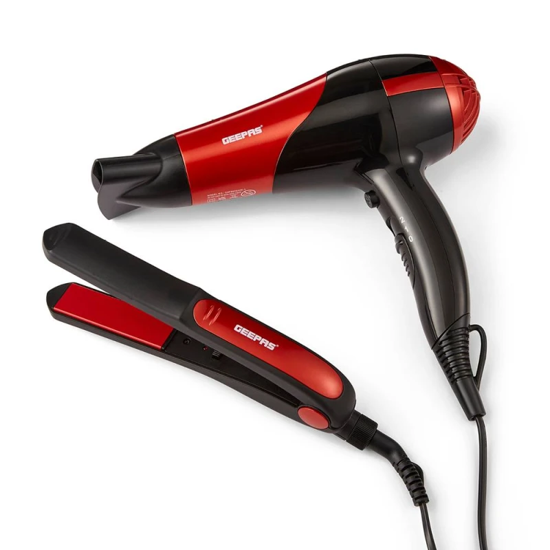 Image of Geepas 2-in-1 Hair Dryer & Hair Straightener Combo Set Red