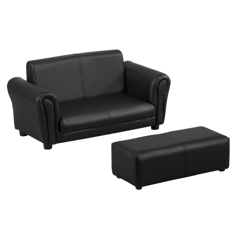 Image of HOMCOM 2 Seater Toddler Chair Kids Twin Sofa Childrens Double Seat Chair Furniture Armchair Boys Girls Couch w/ Footstool (Black) Aosom UK