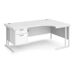 image of Office Desk Right Hand Corner Desk 1800mm With Pedestal White Top With White Frame 1200mm Depth Maestro 25 MC18ERP2WHWH