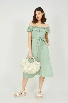 Image of Green Bardot Button Down Dress