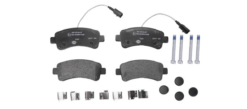 Image of HELLA 8DB 355 024-871 Brake pad set incl. wear warning contact, with accessories, with brake caliper screws Brake Pad Set,disc brake (402)