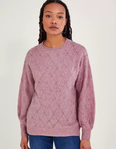 image of Monsoon Pearl Detail Jumper, Pink, Size L, Women