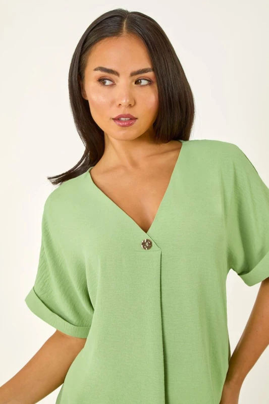 Image of Roman Womens Petite One Buttoned V-Neck Top in Green Size: 18 Green Female 18