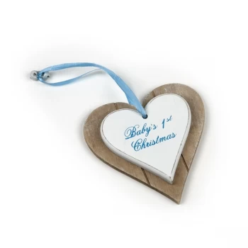 image of Baby's 1st Christmas Hanging Wooden Heart Decoration by Heaven Sends (Blue)