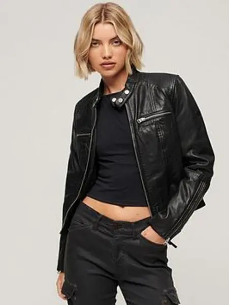 image of Superdry Fitted Leather Racer Jacket - Black