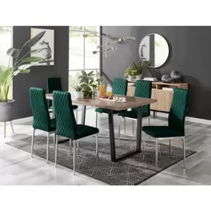 Image of Furniturebox UK - Furniturebox Kylo Brown Wood Effect Dining Table & 6 Green Milan Velvet Dining Chairs Diamond Stitch Modern Contemporary Chrome