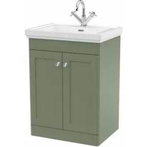 image of Nuie Classique Floor Standing 2-Door Vanity Unit with Basin 600mm Wide Satin Green - 1 Tap Hole