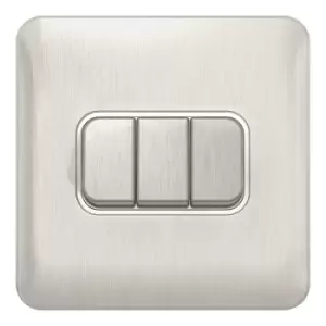 image of Schneider Electric Lisse Screwless Deco - 3 Gang 2 Way Light Switch, 10AX, GGBL1032WSS, Stainless Steel with White Insert