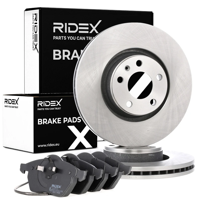 Image of RIDEX 3405B1117 Brake disc and pads set Front Axle, Brake Disc Type: internally vented, incl. wear warning contact Brake Set,disc brakes (3405)