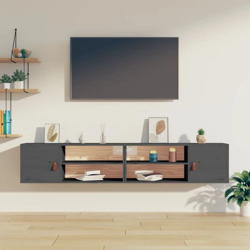 Image of vidaXL Wall Cabinets 2 Pcs Grey 80x30x30cm Solid Wood Pine, Grey 818390